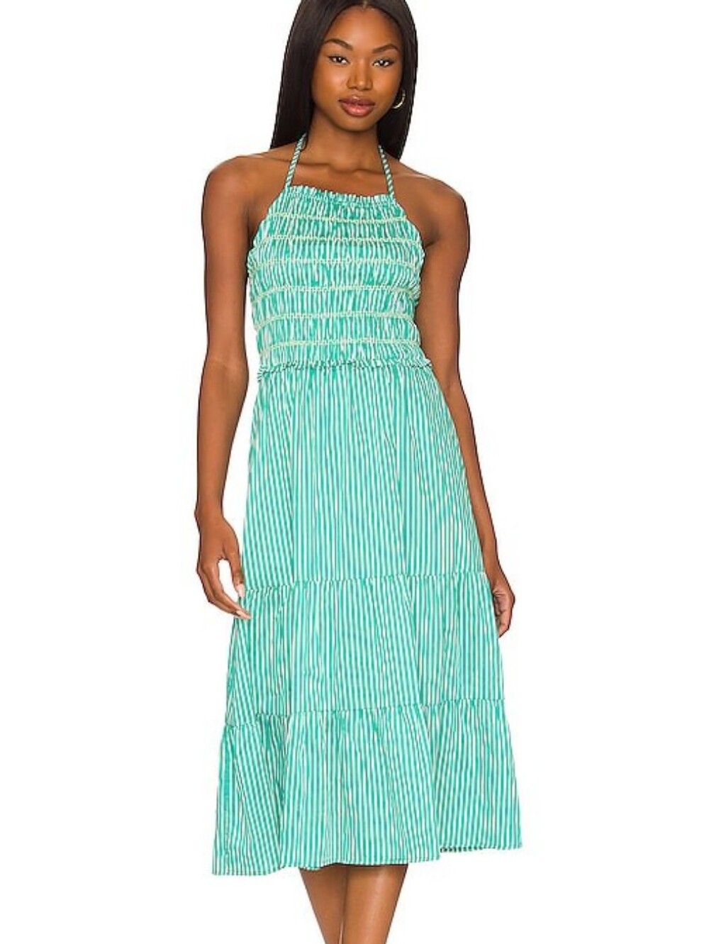 Steve Madden BB Dakota Green Striped Halter Midi Dress Smocked Cotton Small